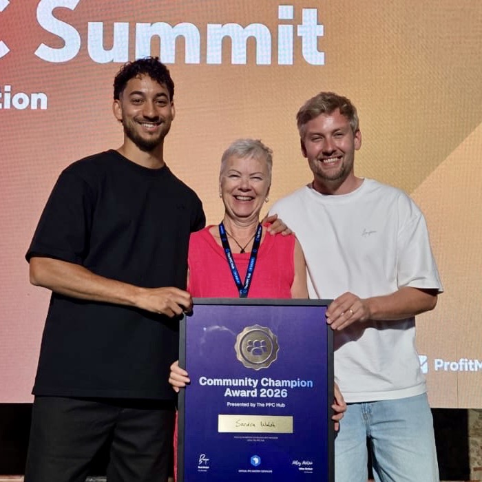 Sandi accepting the Community Champion Award 2026 at PPC Summit Lisbon